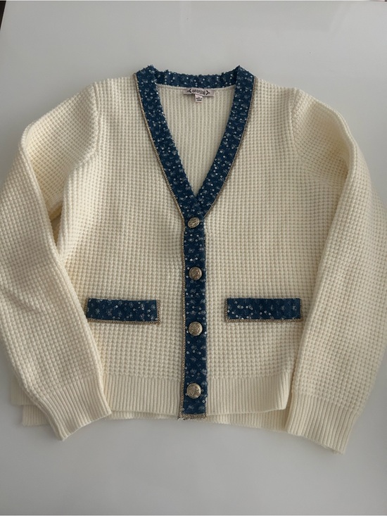 Nanette by Nanette Lapore Sweaters - Nanette by Nanette Laporte Cream Waffle Knit Cardigan with Blue Sequin Trim